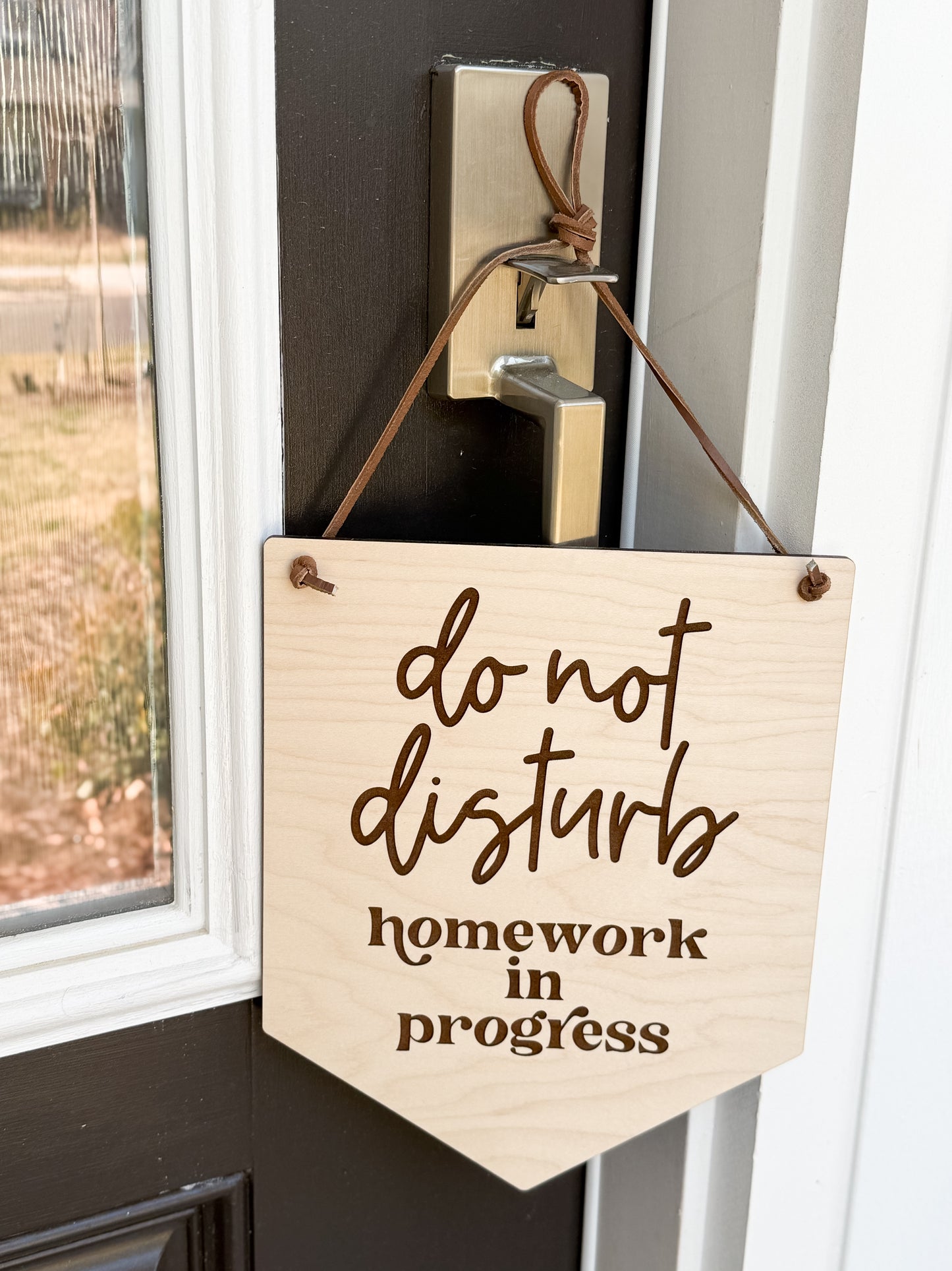 Door Sign "Do Not Disturb, Homework in Progress" | Laser Engraved Maple Wood | Leather Cord | Perfect for Students | Homeschool