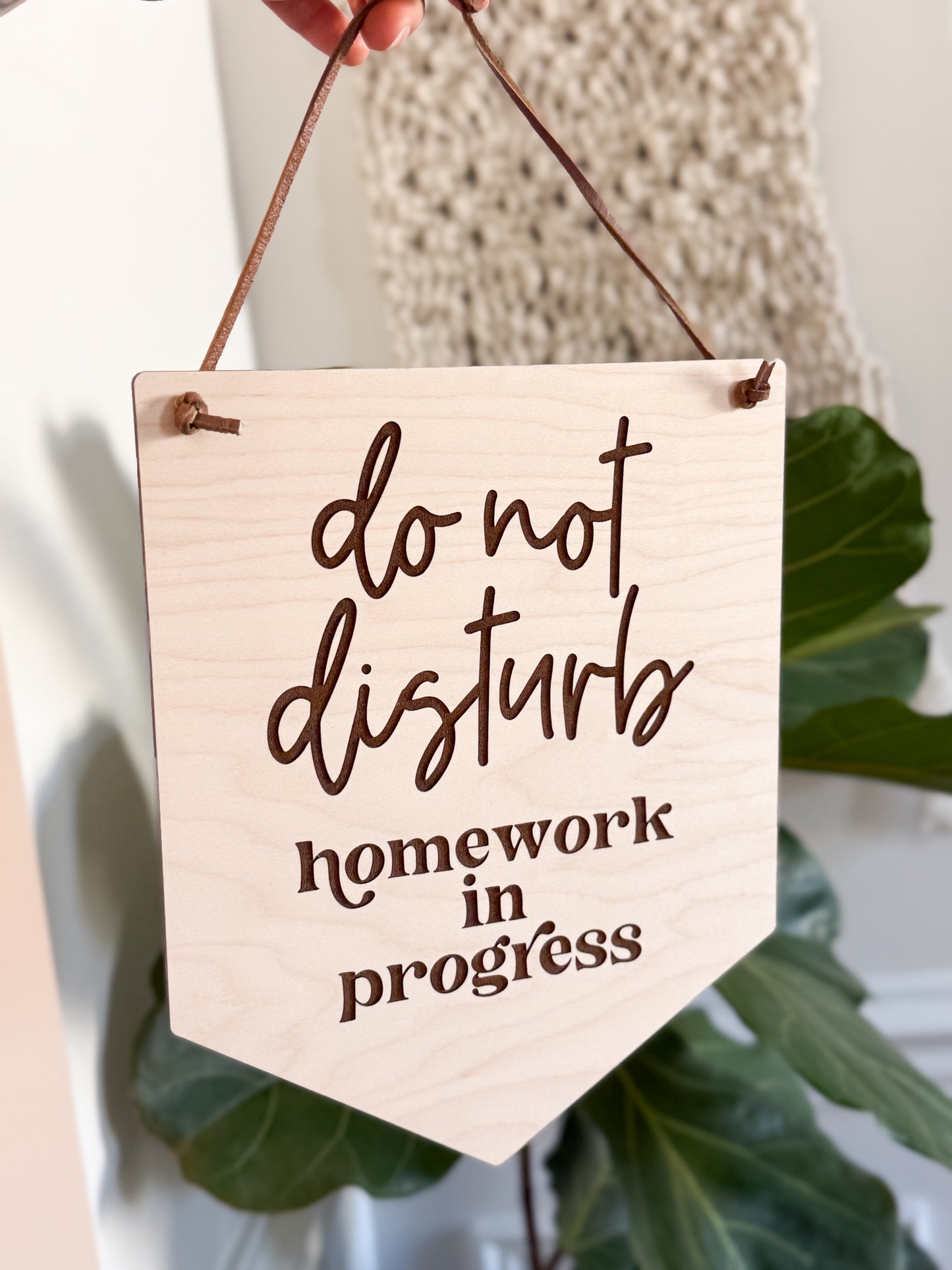 Door Sign "Do Not Disturb, Homework in Progress" | Laser Engraved Maple Wood | Leather Cord | Perfect for Students | Homeschool
