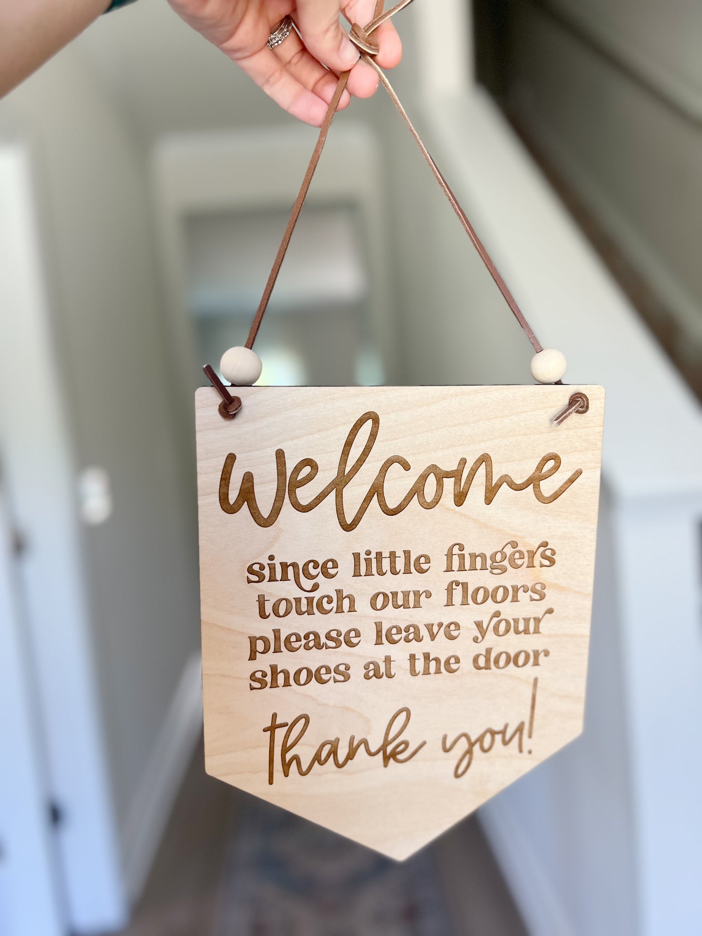 Door Sign | "Since Little Fingers Touch Our Floors, Please Leave Your Shoes at the Door" | Laser Engraved Maple | Leather Cord | Retro Style