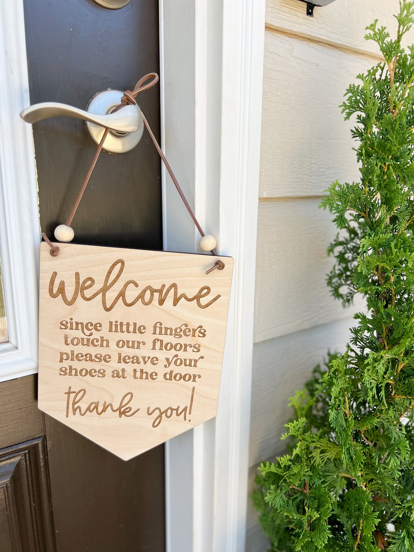 Door Sign | "Since Little Fingers Touch Our Floors, Please Leave Your Shoes at the Door" | Laser Engraved Maple | Leather Cord | Retro Style