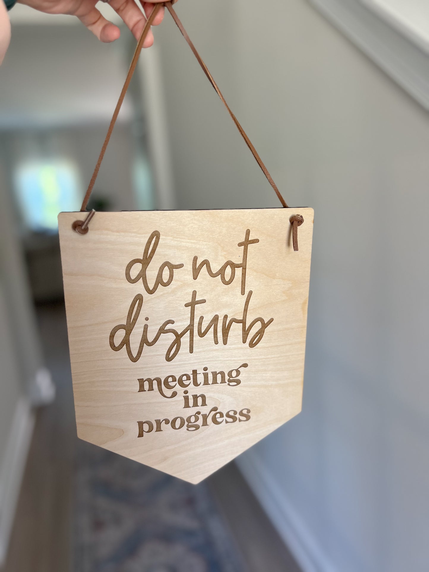 Door Sign "Do Not Disturb, Meeting in Progress" – Laser Engraved Maple Wood – Leather Cord – Perfect for Work From Home Office or Front Door