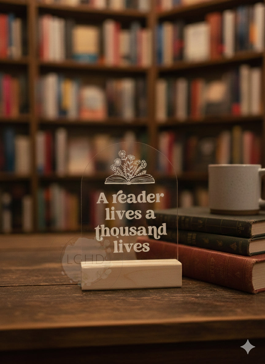 A Reader Lives a Thousand Lives Shelf Sitter | Bookish Quote Decor for Fantasy & Romance Readers | BookTok Bookshelf Sign