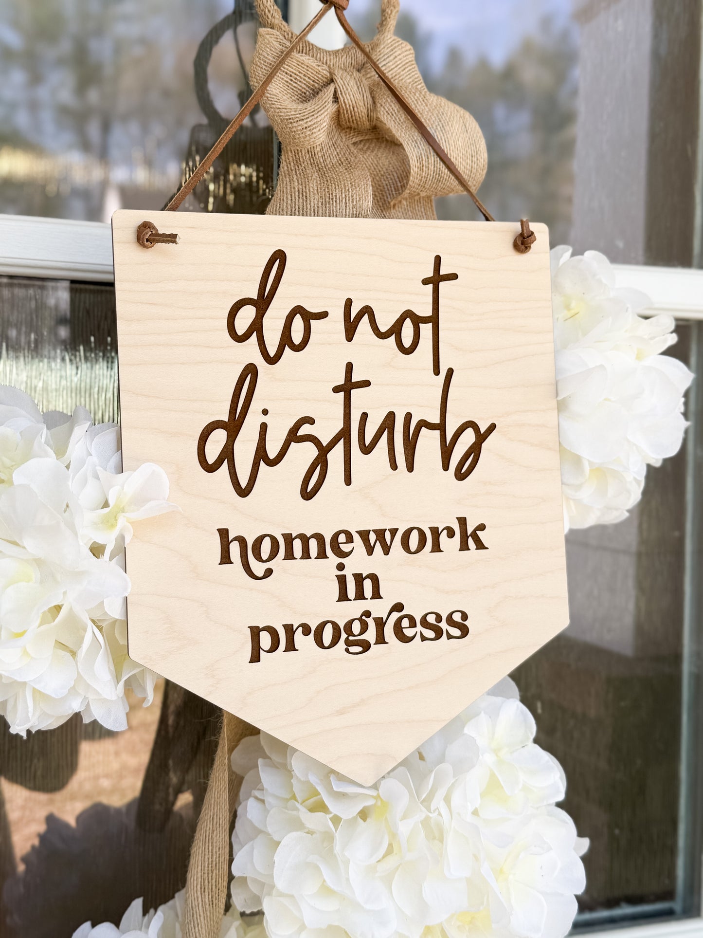 Door Sign "Do Not Disturb, Homework in Progress" | Laser Engraved Maple Wood | Leather Cord | Perfect for Students | Homeschool