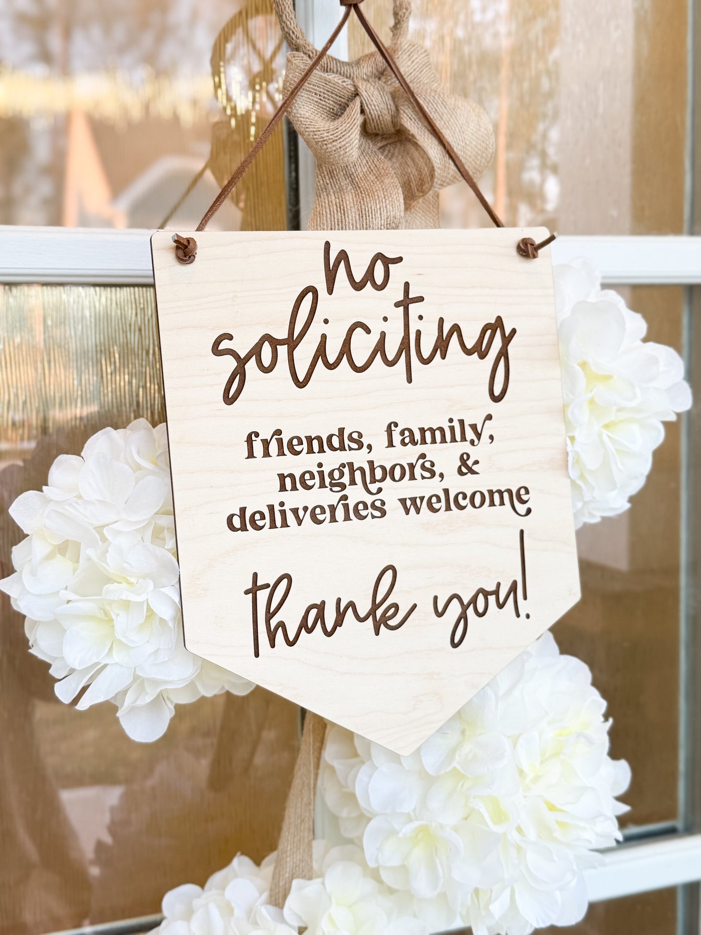 No Soliciting Door Sign | Door Hanger | Laser Engraved Maple | Leather Cord | Retro | Deliveries Welcome