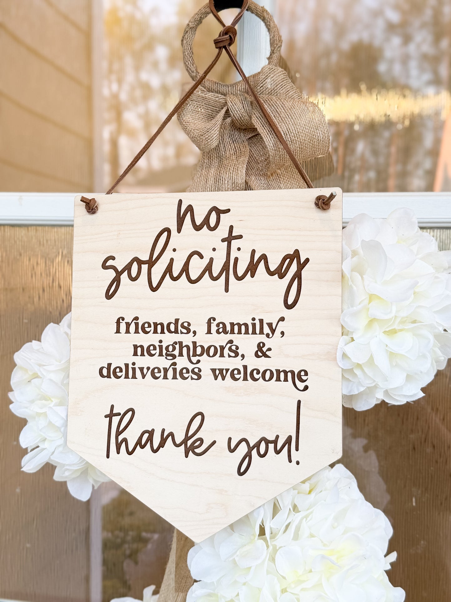 No Soliciting Door Sign | Door Hanger | Laser Engraved Maple | Leather Cord | Retro | Deliveries Welcome