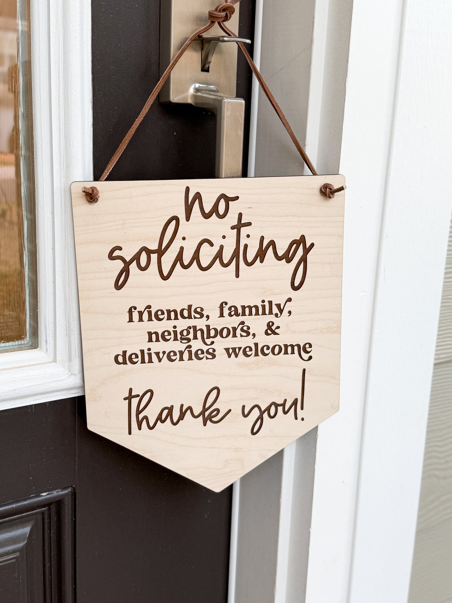 No Soliciting Door Sign | Door Hanger | Laser Engraved Maple | Leather Cord | Retro | Deliveries Welcome