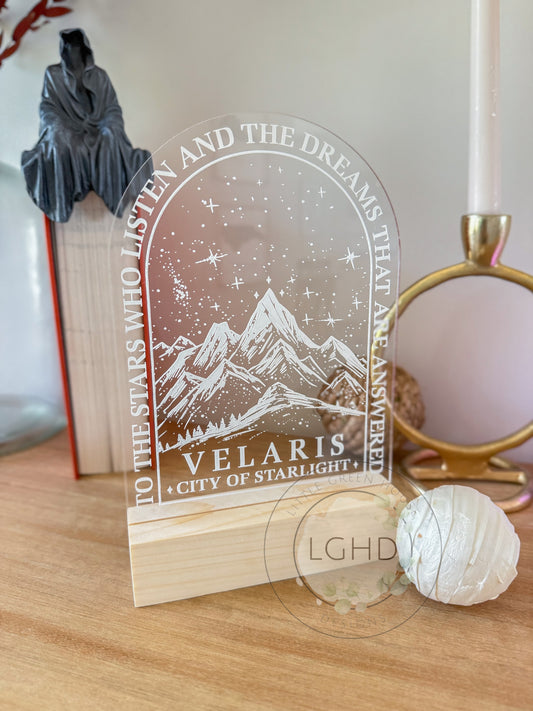 Velaris Shelf Decor – ACOTAR-Inspired Wooden Sign | Sarah J Maas Bookshelf Sitter | Fantasy BookTok Room Aesthetic | City of Starlight
