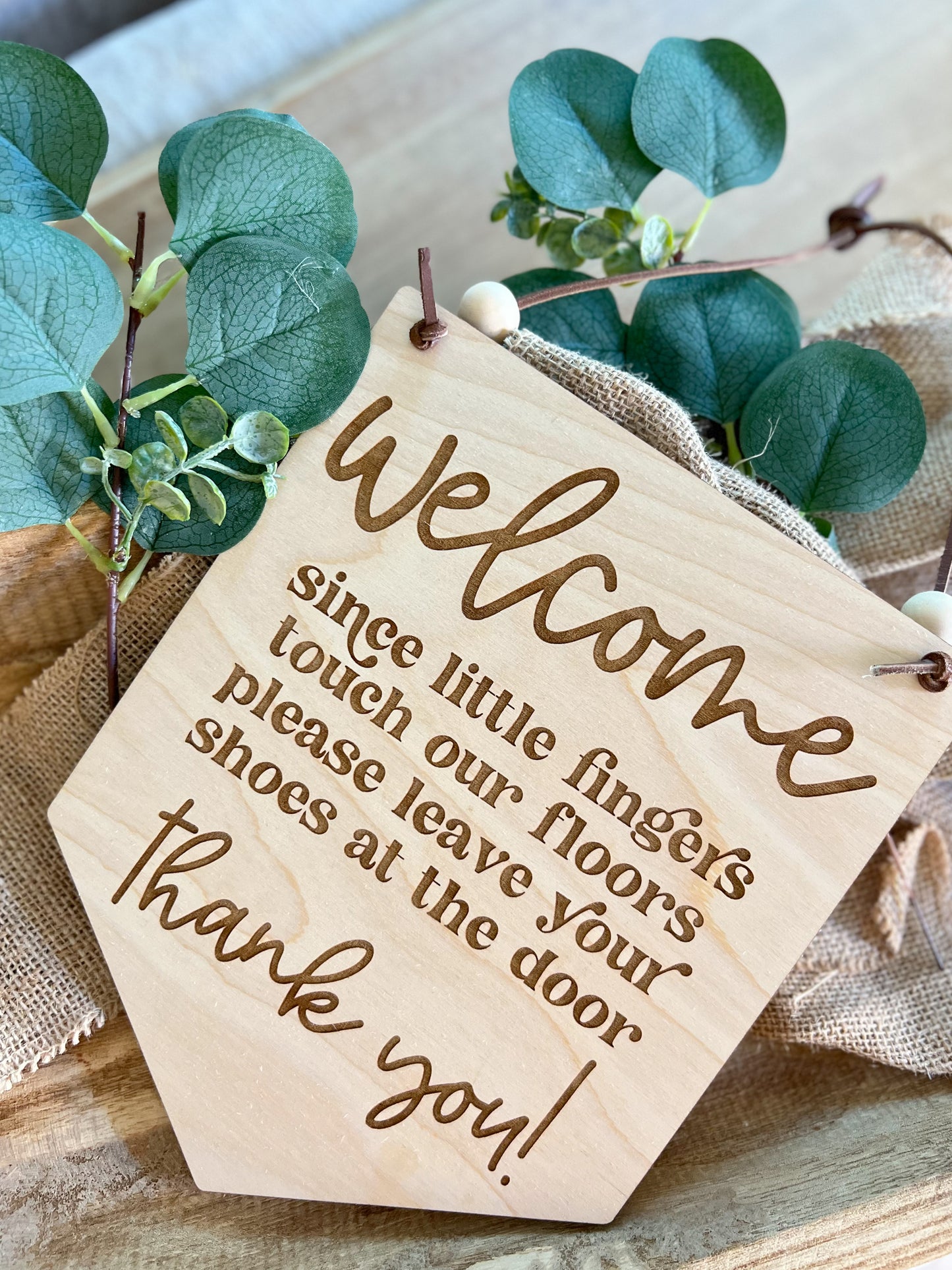 Door Sign | "Since Little Fingers Touch Our Floors, Please Leave Your Shoes at the Door" | Laser Engraved Maple | Leather Cord | Retro Style
