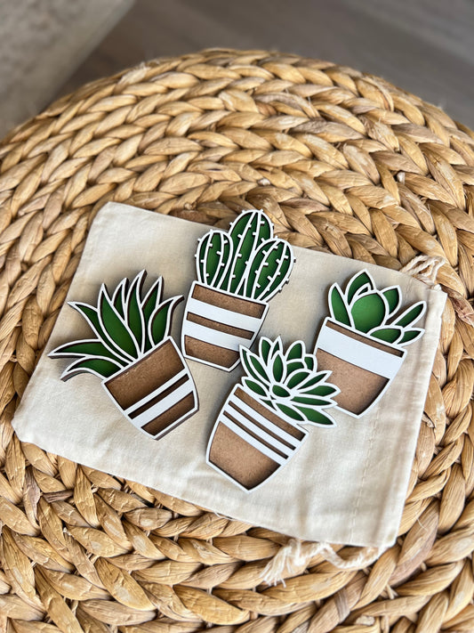 Plant Succulent Magnets | Laser Engraved Baltic Birch & MDF| Hand-painted | Cut | Set of 4 Refrigerator Magnets