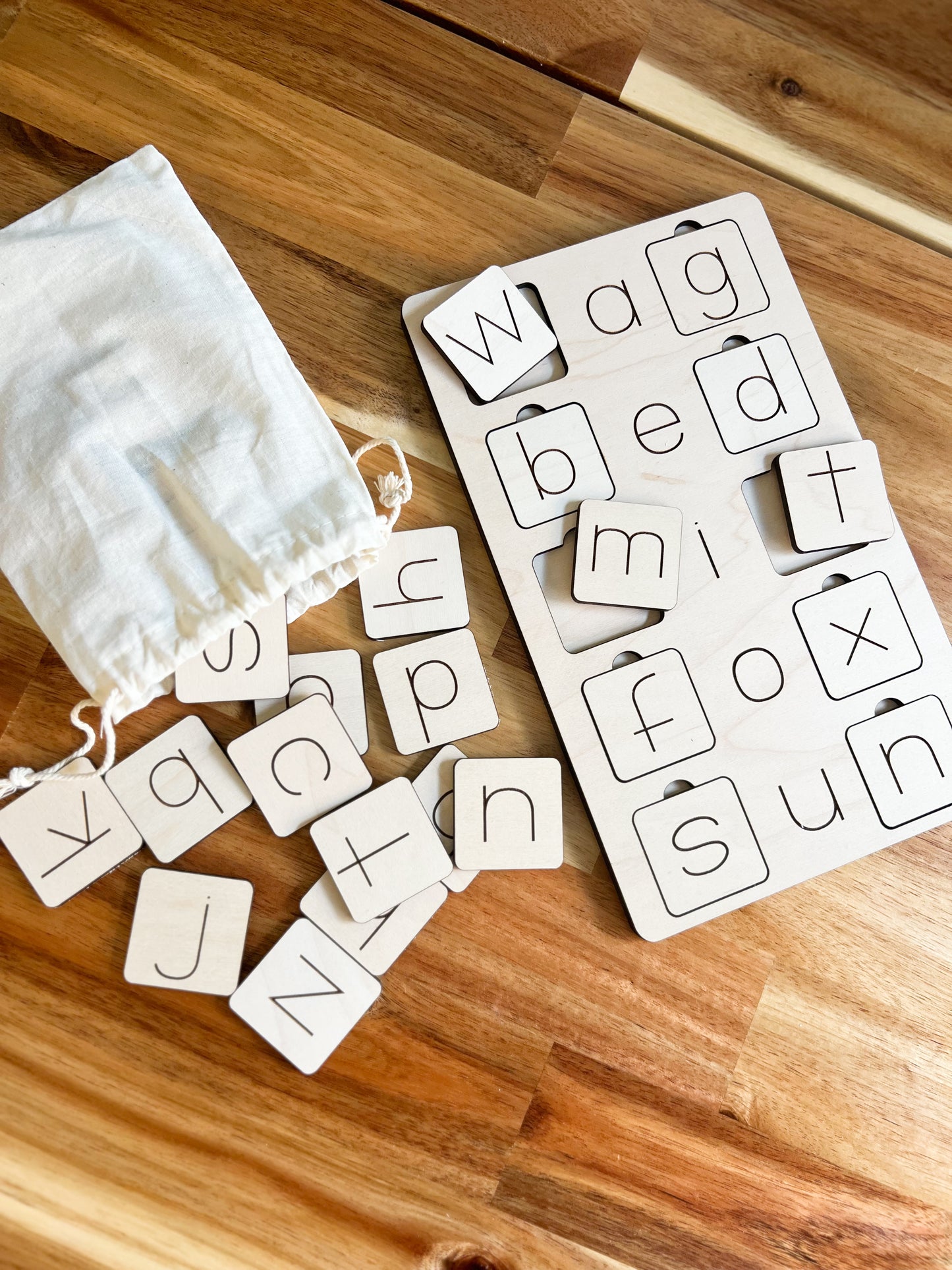 CVC Word Board + Tiles | Educational Word Building | Handmade & Engraved Letters | Wood